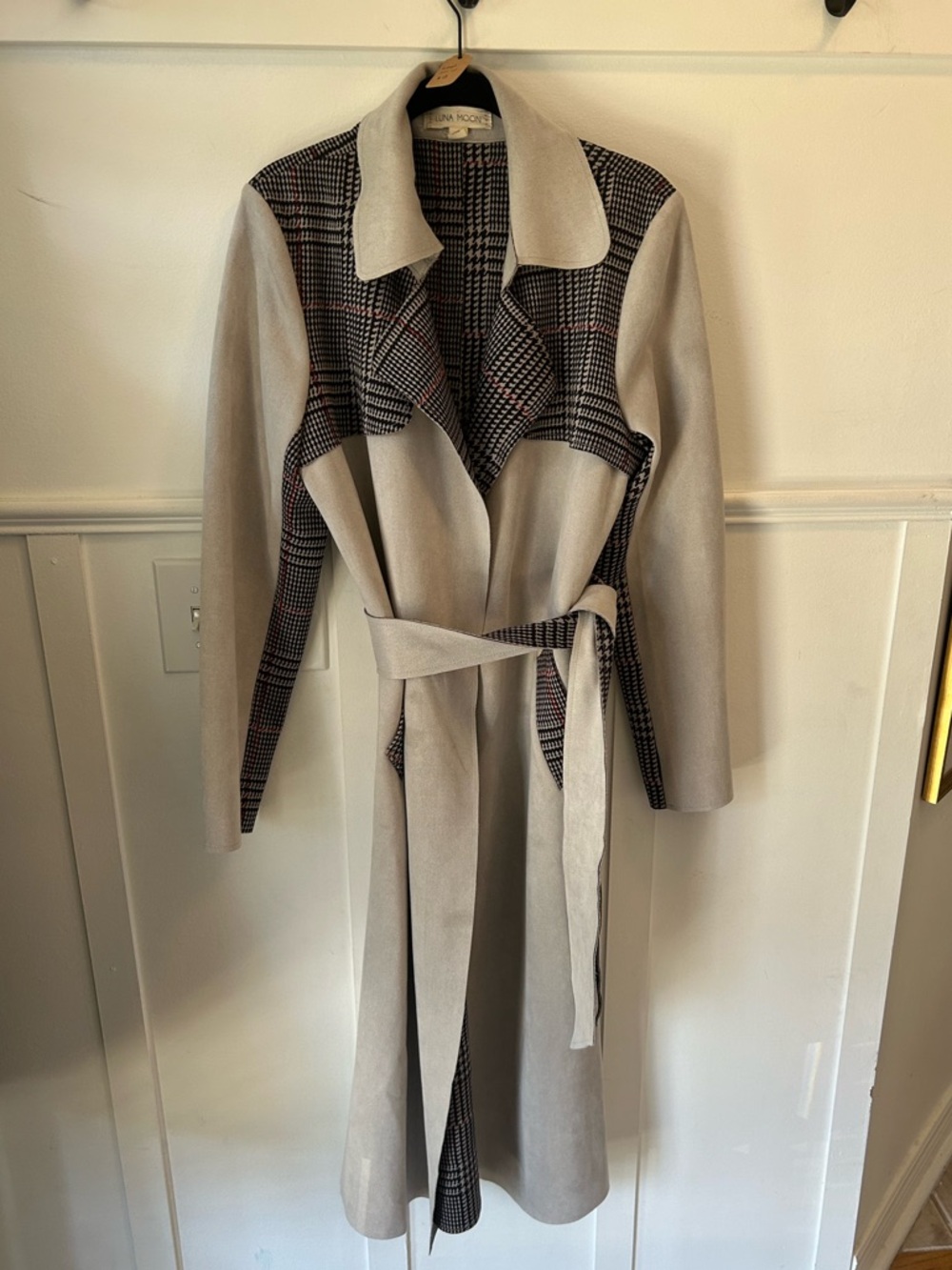 Luna Moon Grey Belted Trench Coat with Plaid Accents